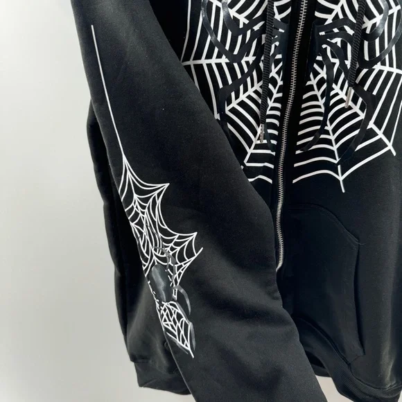 Black Zip-Up Hooded Jacket – Size Large, Spider & Web Graphic - Picture 5 of 8